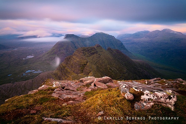The route over the ridge of Beinn Alligin is a classic walk, regardless whether the horns are tackled first or last. Beinn Dearg can be seen behind the horns in this long exposure photograph taken around sunset.